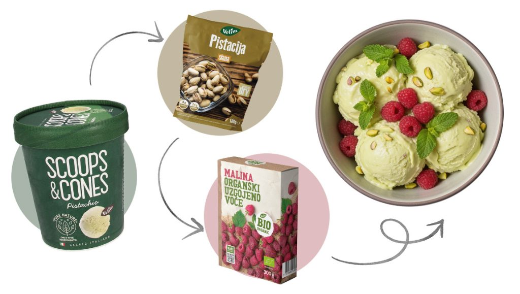 Sladoled Scoops & Cones Pistachio sa pistacijama i malinama