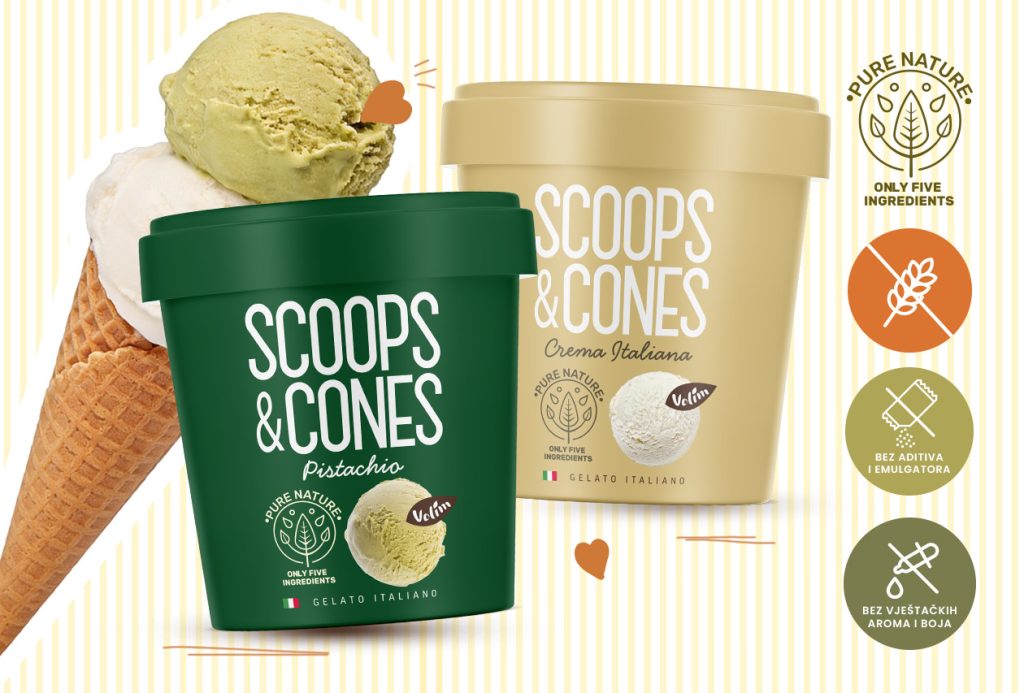 Scoops&Cones Crema Italiana i Pistachio sladoledi sa samo 5 prirodnih sastojaka